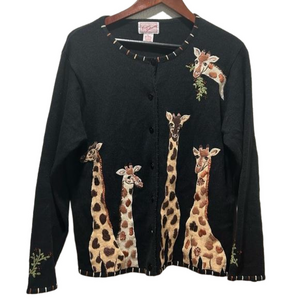 🎻Ronnie salloway  vintage black cardigan sweater safari giraffe size L GUC….